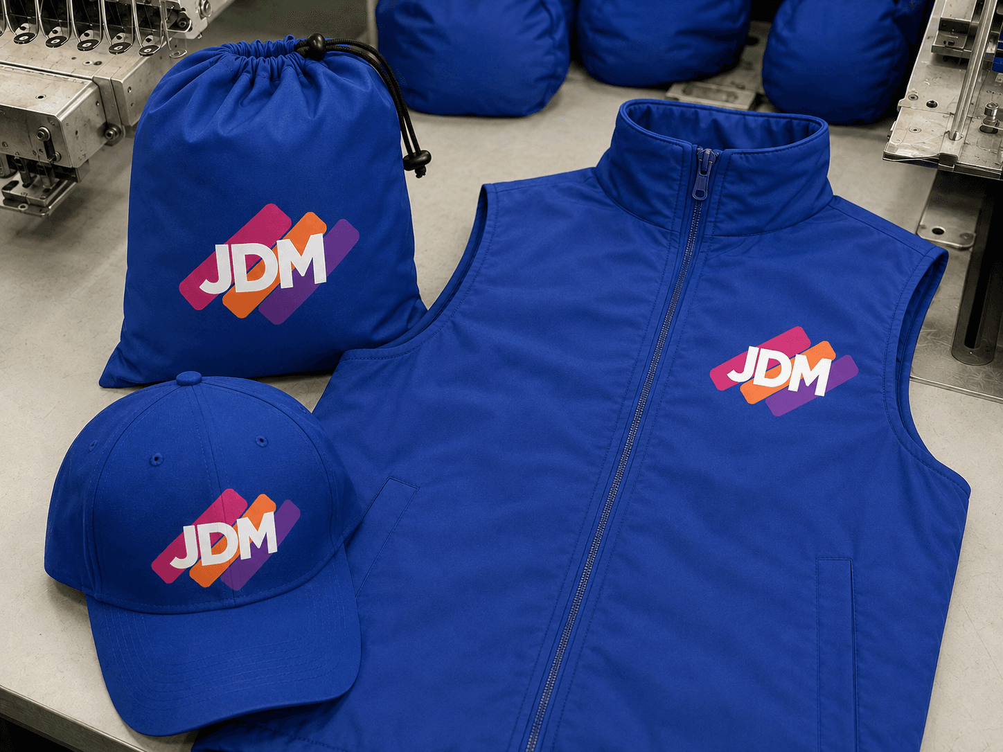 Chaleco, gorra y bolsa personalizados por JDM